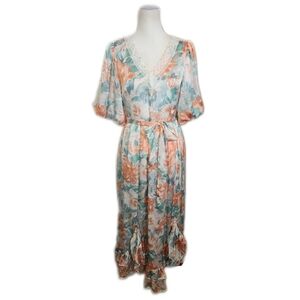 Polagram Beautiful Peach & Green Floral V-neck Belted Maxi Dress, S